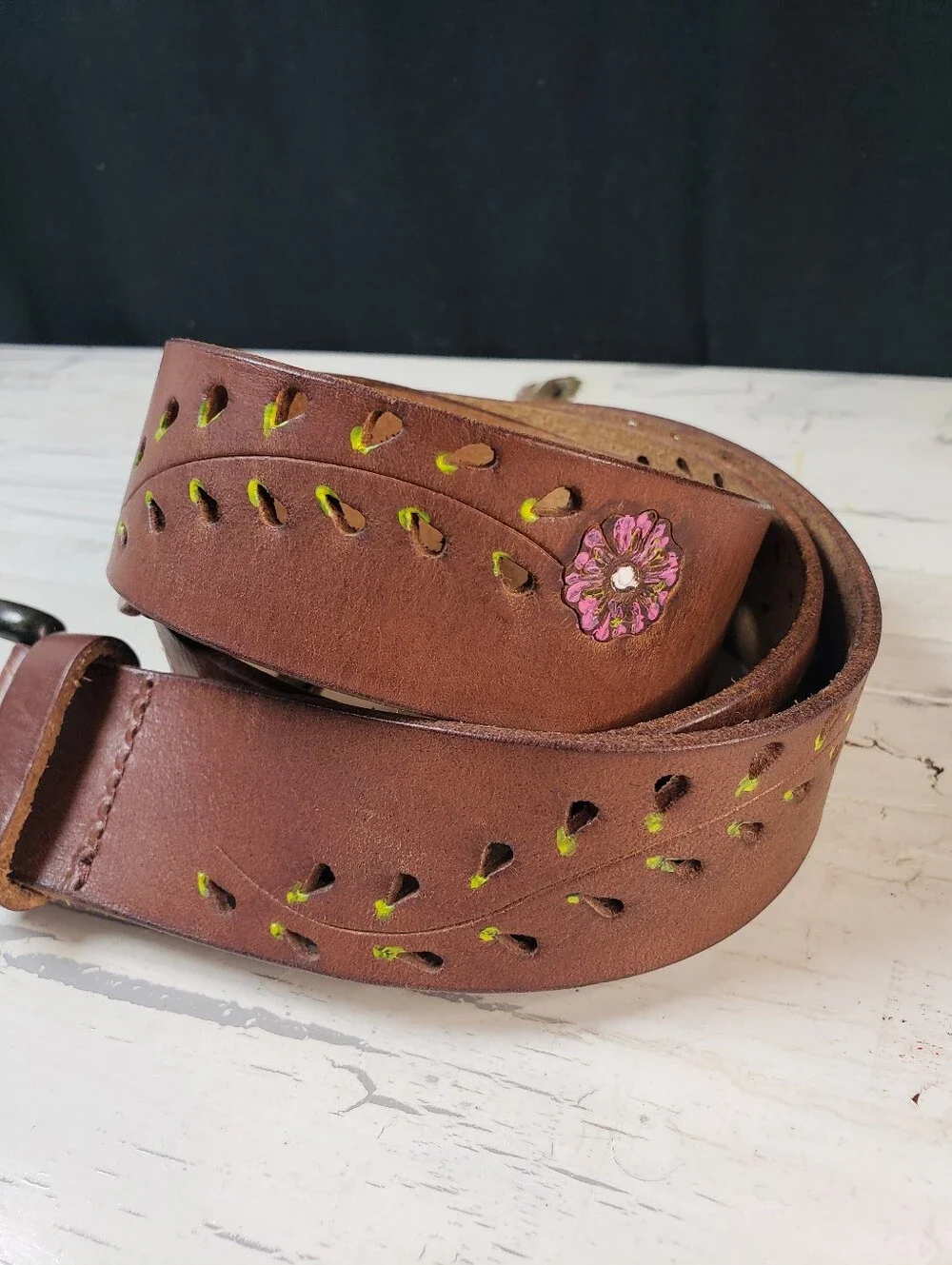 Handpainted Floral Vine Motif  Leather Belt in Brown in size XL